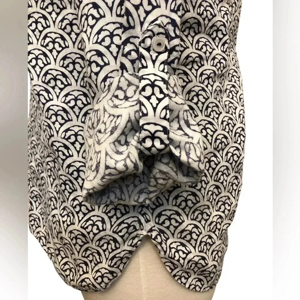 Talbots 100% Linen White Navy Blue Scallop Print Popover - Picture 8 of 11
